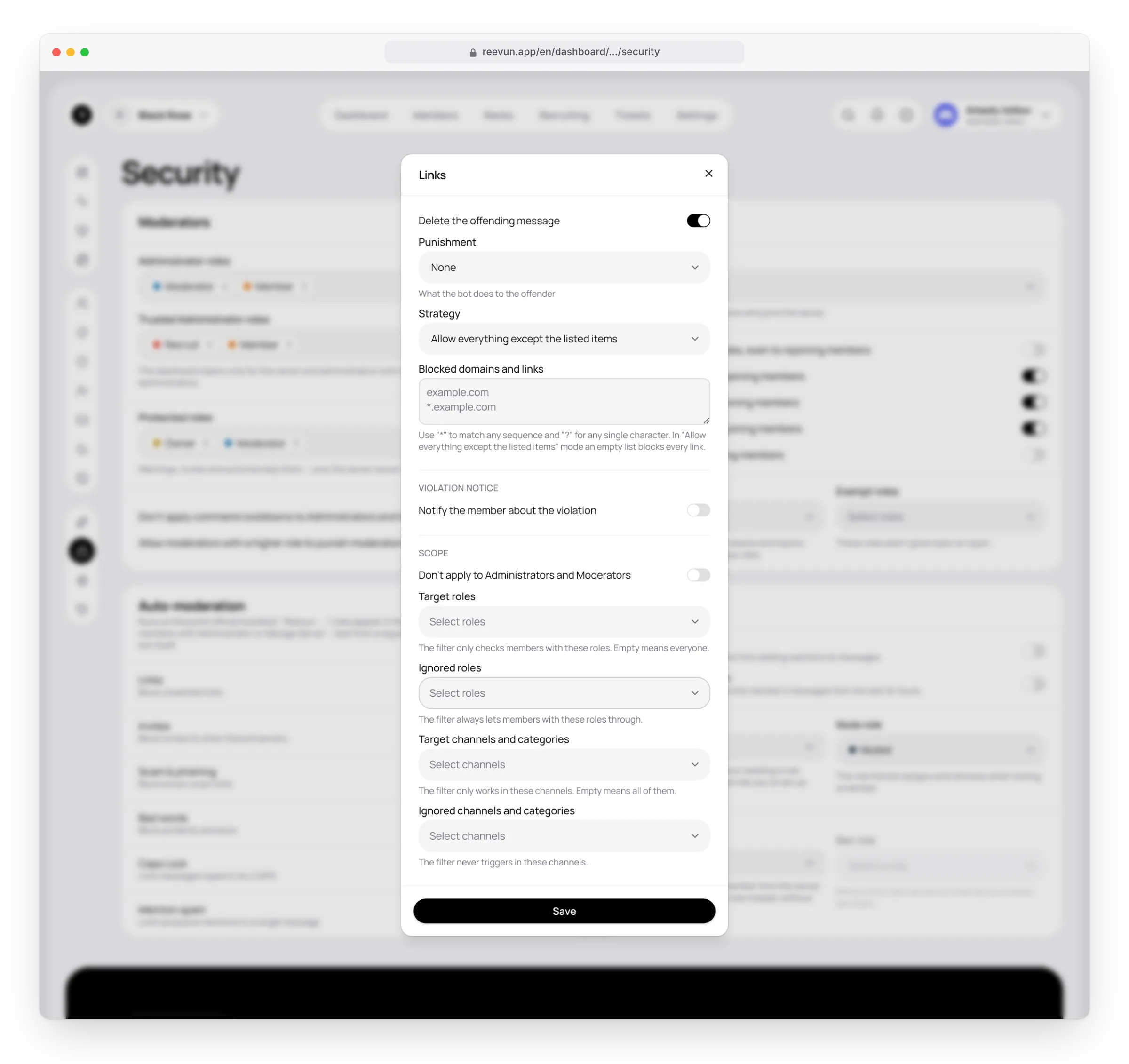 Settings of the Links filter